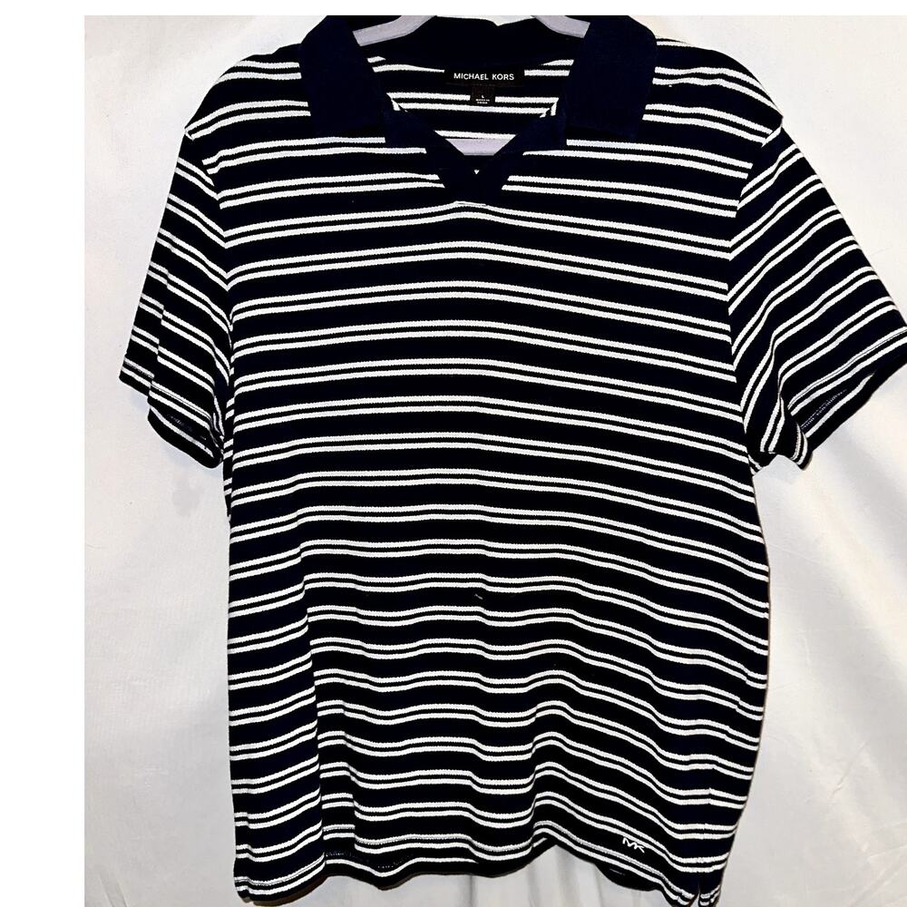 Michael Kors Men's Striped Short Sleeve Polo Blue Multi Size Large Spread Collar